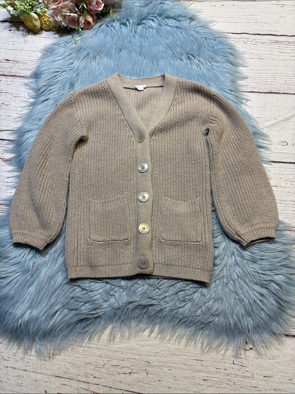 Jamie Kay Sandstone Balloon Sleeve Pocket Front Cable Knit Cardigan Sweater 4Y